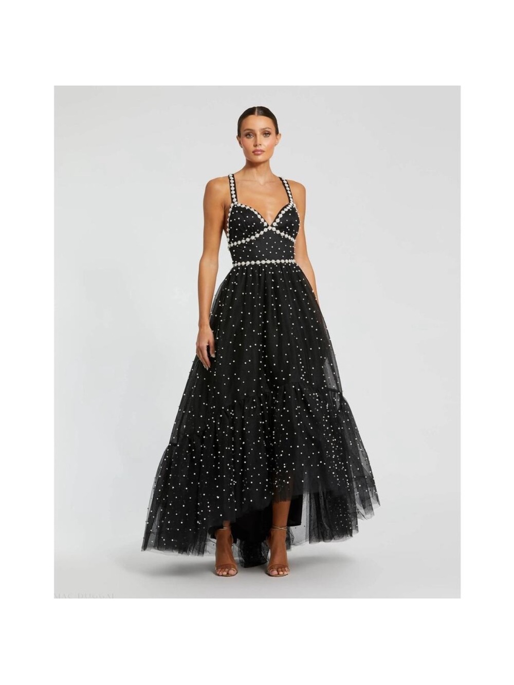 Mac Duggal 20747 Black Pearl Beaded High Low Gown Sz 10 NWOT